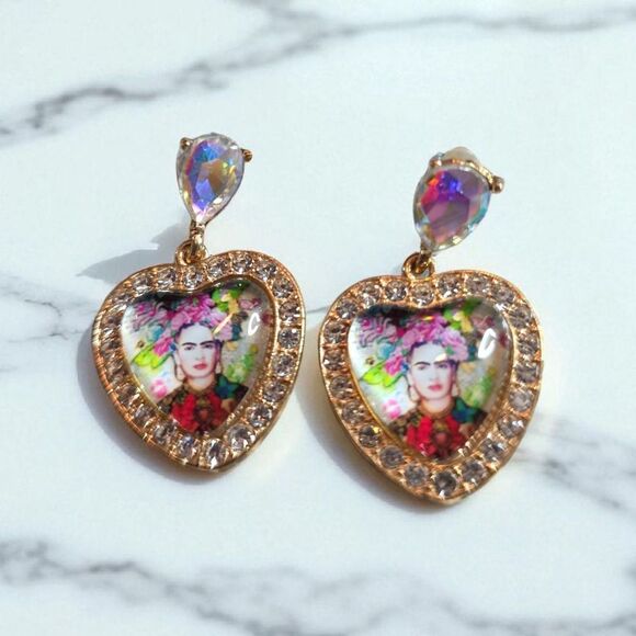 Frida Kahlo Gold Tone Heart Earrings with Crystal Accents - Picture 2 of 2